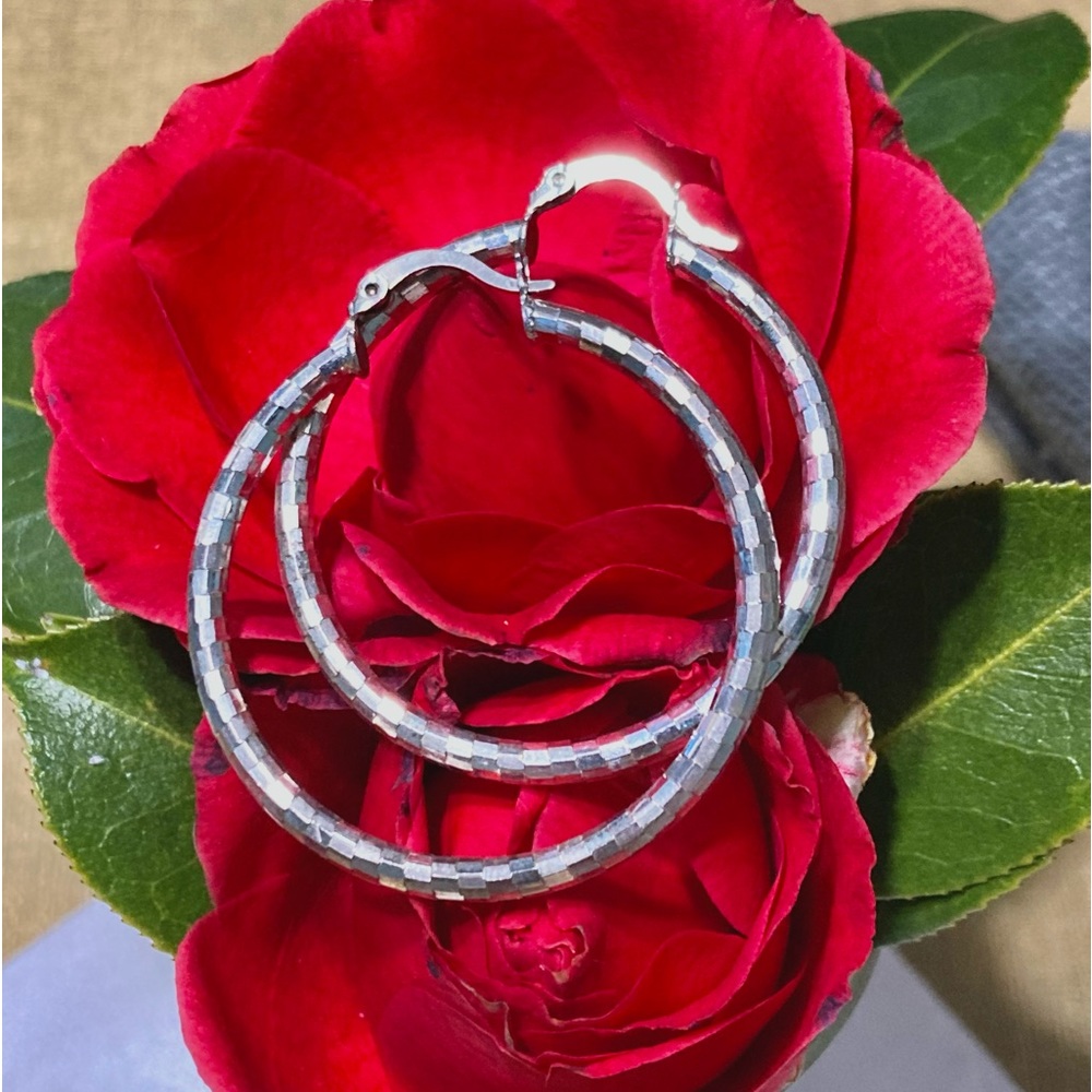 Sterling Silver Faceted High Polish Round Hoop Earrings 1.6"/40mm